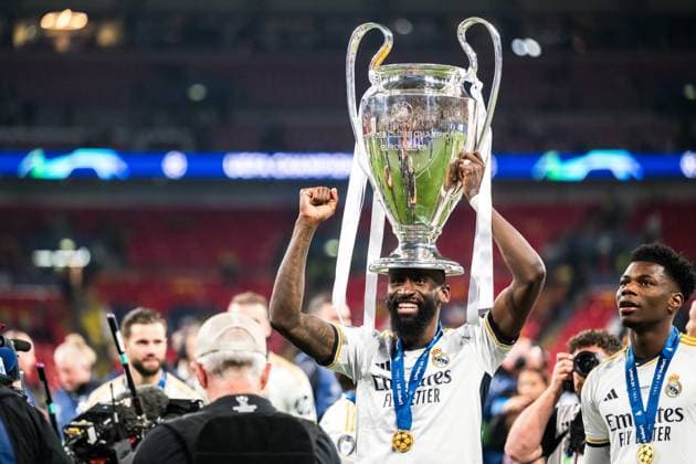 240601 Antonio Rudiger of Real Madrid celebrates after the UEFA Champions League final between Dortmund and Real Madrid on June 1, 2024 in London Photo Petter Arvidson BILDBYRAN kod PA PA0818 fotboll football soccer fotball champions league final dortmund real madrid bbeng bbauto jubel  Copyright: PETTERxARVIDSON BB240601PA282