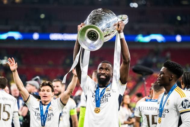 240601 Antonio Rudiger of Real Madrid celebrates after the UEFA Champions League final between Dortmund and Real Madrid on June 1, 2024 in London Photo Petter Arvidson BILDBYRAN kod PA PA0818 fotboll football soccer fotball champions league final dortmund real madrid bbeng bbauto jubel  Copyright: PETTERxARVIDSON BB240601PA292