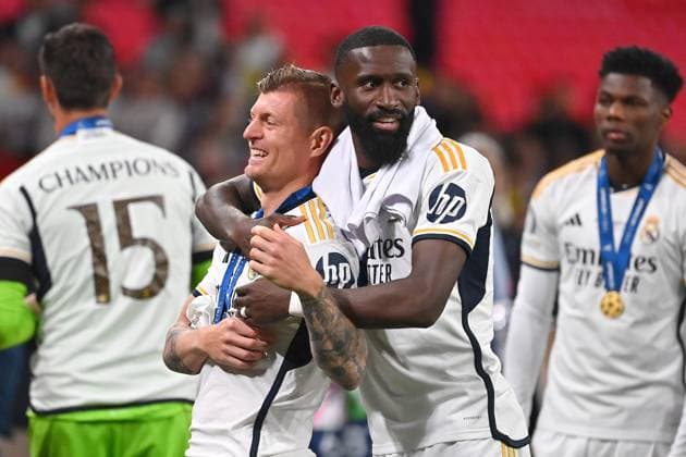 Toni KROOS Real Madrid and Antonio RUEDIGER Real Madrid jubilation,joy,enthusiasm, Football UEFA Champions League Final Borussia Dortmund Real Madrid on 01 06 2024, Wembley Staion