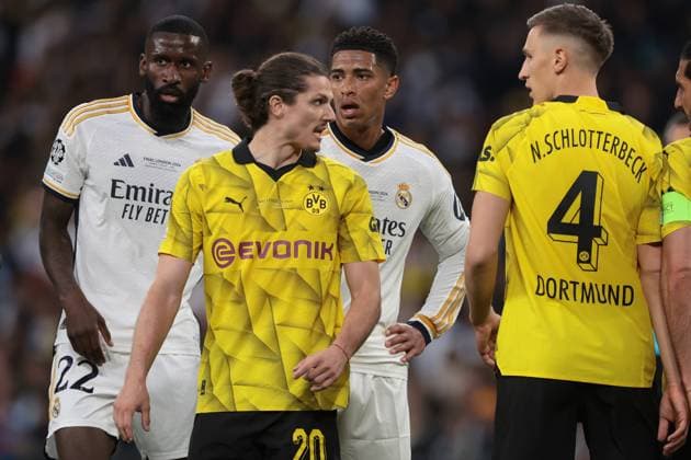 London, England, 1st June 2024. Antonio Rudiger and Jude Bellingham of Real Madrid and Marcel Sabitzer and Nico Schlotterbeck of Borussia Dortmund during the UEFA Champions League match at Wembley Stadium, London. Picture credit should read: Jonathan Moscrop Sportimage EDITORIAL USE ONLY. No use with unauthorised audio, video, data, fixture lists, club league logos or live services. Online in-match use limited to 120 images, no video emulation. No use in betting, games or single club league player publications. SPI-3168-0044