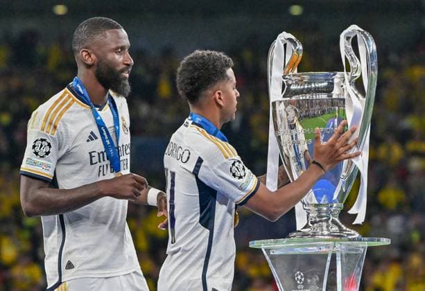 Real Madrid win the 2024 UEFA Champions League final, London, England London, England. 01st, June 2024. Antonio Rüdiger (L) and Rodrygo (R) of Real Madrid seen during the 2024 UEFA Champions League final between Borussia Dortmund and Real Madrid at Wembley in London. London England  Copyright: xGonzalesxPhoto TommasoxFimianox