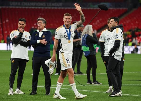 1st June 2024; Wembley Stadium, London, England; UEFA Champions League Football Final, Borussia Dortmund versus Real Madrid; Toni Kroos of Real Madrid waves to the Real Madrid fans wearing a winners medal  ActionPlus12649960 JohnxPatrickxFletcher