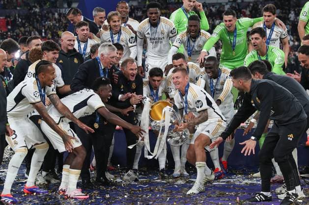 UEFA Champions League Final 2024 Borussia Dortmund Real Madrid on 01 06 2024 at Wembley Stadium in London Reals Madrid is Champions League winner, here Toni Kroos Real Madrid 8 holds up the trophy MH