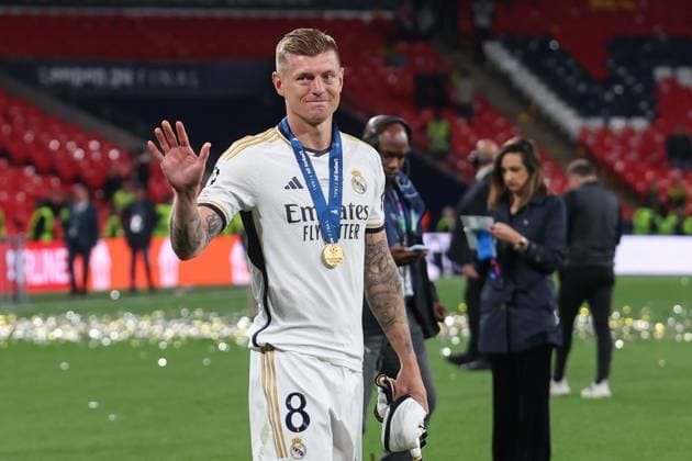 UEFA Champions League Final 2024 Borussia Dortmund Real Madrid on 01 06 2024 at Wembley Stadium in London Toni Kroos Real Madrid 8 cheers and waves to the fans MH