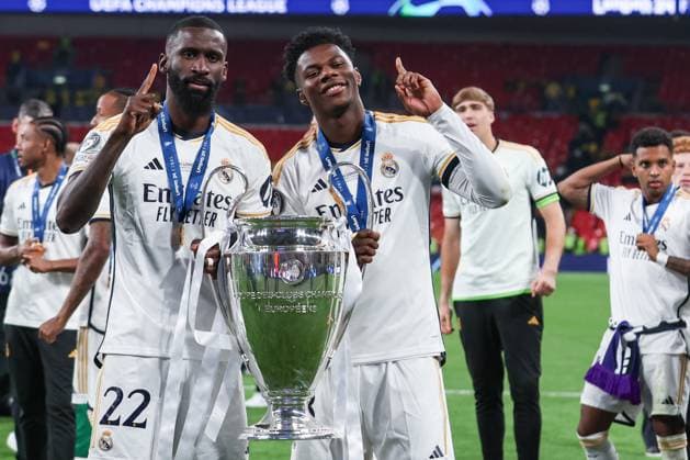 UEFA Champions League Final 2024 Borussia Dortmund Real Madrid on 01 06 2024 at Wembley Stadium in London Antonio Rüdiger Ruediger Real Madrid 22 cheers and celebrates with the trophy MH