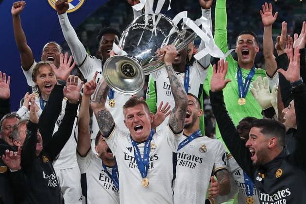UEFA Champions League Final 2024 Borussia Dortmund Real Madrid on 01 06 2024 at Wembley Stadium in London Real Madrid is Champions League winner, here Toni Kroos Real Madrid 8 holds up the trophy and cheers with the team MH