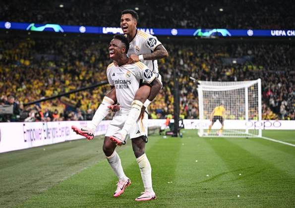 Football CHL FINAL 2023 2024 Final in London 01 06 2024 Borussia Dortmund Real Madrid CHEERS Real Madrid Goalscorer to 0 2 Vinicius Junior below and Rodrygo above
