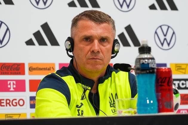 Coach Segiy Rebrov Ukraine gets headphones for translation Herzo Base 02 06 2024 Press conference Ukraine, Home Ground World of Adidas, Herzogenaurach