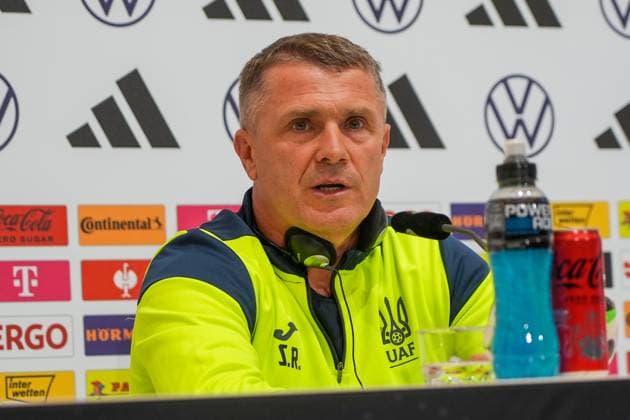 Coach Segiy Rebrov Ukraine gets headphones for translation Herzo Base 02 06 2024 Press conference Ukraine, Home Ground World of Adidas, Herzogenaurach