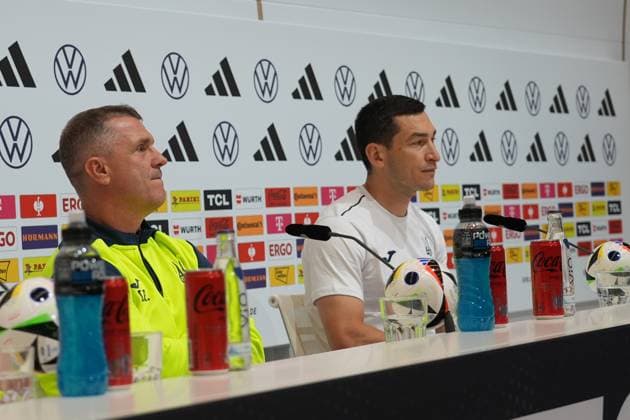 Coach Segiy Rebrov Ukraine and Taras Stepanenko Ukraine Herzo Base 02 06 2024 Press conference Ukraine, Home Ground World of Adidas, Herzogenaurach