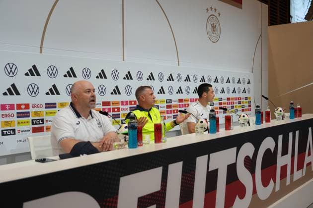 Coach Segiy Rebrov Ukraine and Taras Stepanenko Ukraine do not understand anything as there is no translator Herzo Base 02 06 2024 Press conference Ukraine, Home Ground World of Adidas, Herzogenaurach