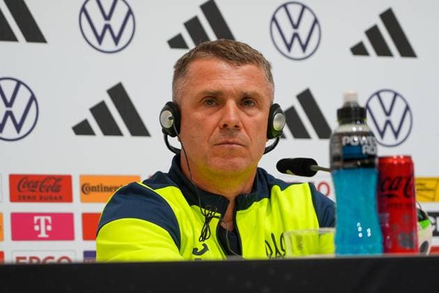 Coach Segiy Rebrov Ukraine gets headphones for translation Herzo Base 02 06 2024 Press conference Ukraine, Home Ground World of Adidas, Herzogenaurach