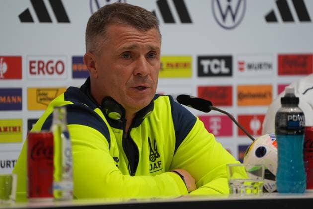 Coach Segiy Rebrov Ukraine with headphones for translation Herzo Base 02 06 2024 Press conference Ukraine, Home Ground World of Adidas, Herzogenaurach