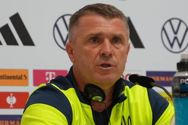 Coach Segiy Rebrov Ukraine with headphones for translation Herzo Base 02 06 2024 Press conference Ukraine, Home Ground World of Adidas, Herzogenaurach