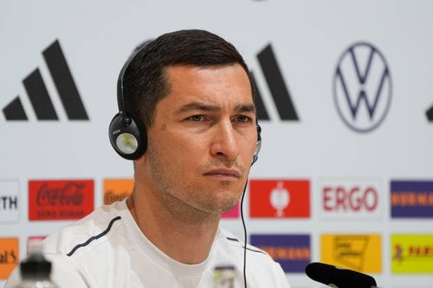 Taras Stepanenko Ukraine with headphones for translation Herzo Base 02 06 2024 Press conference Ukraine, Home Ground World of Adidas, Herzogenaurach