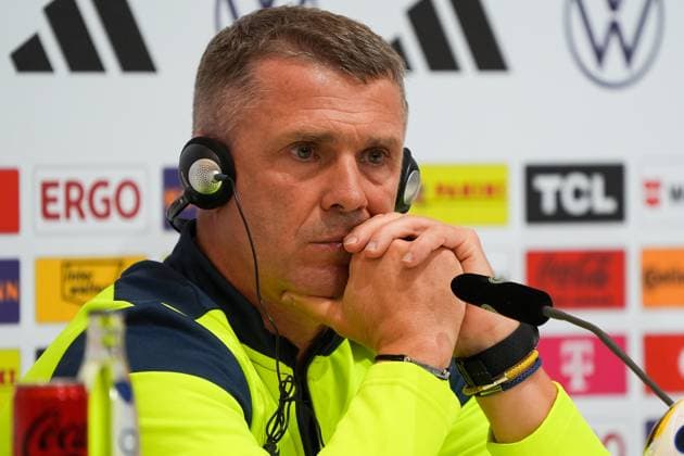 Coach Segiy Rebrov Ukraine with headphones for translation Herzo Base 02 06 2024 Press conference Ukraine, Home Ground World of Adidas, Herzogenaurach