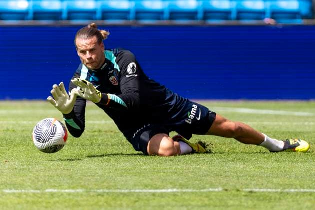 A national football team Oslo 20240602 Goalkeeper orjan Haskjold Nyland during the mens national teams training at Ullevaal Stadium on Sunday ahead of the private international matches against Kosovo and Denmark Photo Frederik Ringnes NTB Oslo Norway EDITORIAL USE ONLY RESTRICTED USE FOR BETTING COMPANIES  Copyright: xFrederikxRingnesx xNTBx
