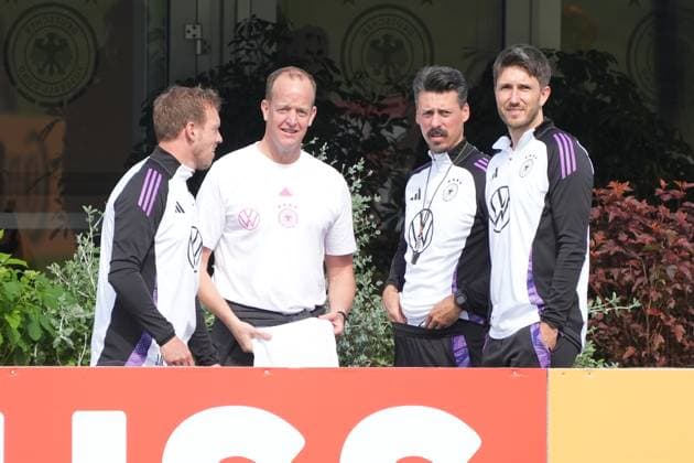 Coaching staff National coach Julian Nagelsmann Germany Germany , Co coach Assistant coach Sandro Wagner Germany Germany, Co coach Assistant coach Benjamin Glück Germany Germany Herzo Base 02 06 2024 Training Germany, Home Ground World of Adidas, Herzogenaurach