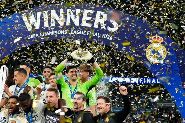 Borussia Dortmund v Real Madrid CF - UEFA Champions League Final 2023 24 Thibaut Courtois goalkeeper of Real Madrid and Belgium celebrates victory after the UEFA Champions League 2023 24 final match between Borussia Dortmund v Real Madrid CF at Wembley Stadium on June 1, 2024 in London, England. London England United Kingdom  Copyright: xJosexBretonx originalFilename:breton-borussia240601_npIS4.jpg