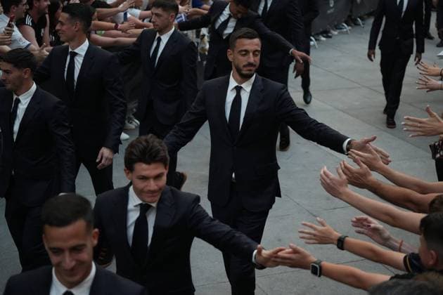 Real Madrid players during the celebration of Real Madrid football club s 15th Cahampion League victory at the Plaza de Cibeles in Madrid. June 2 nd 2024 Cordon Press 