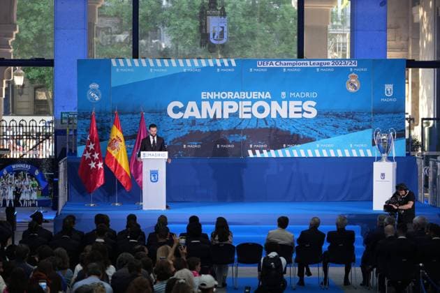 Real Madrid players during the celebration of Real Madrid football club s 15th Cahampion League victory at the Plaza de Cibeles in Madrid. June 2 nd 2024 Cordon Press 