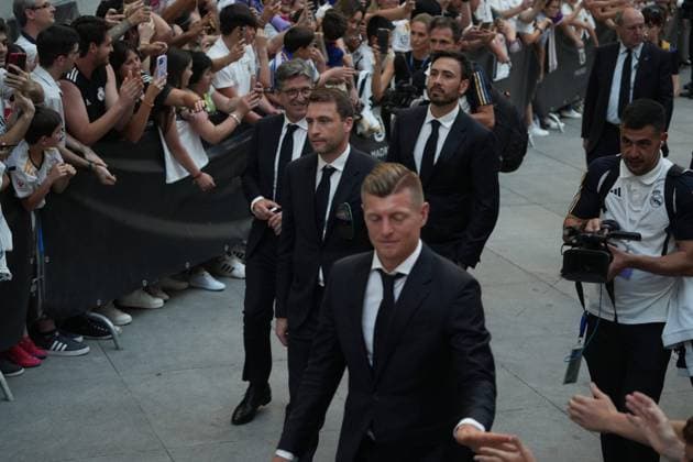 Real Madrid players during the celebration of Real Madrid football club s 15th Cahampion League victory at the Plaza de Cibeles in Madrid. June 2 nd 2024 Cordon Press 