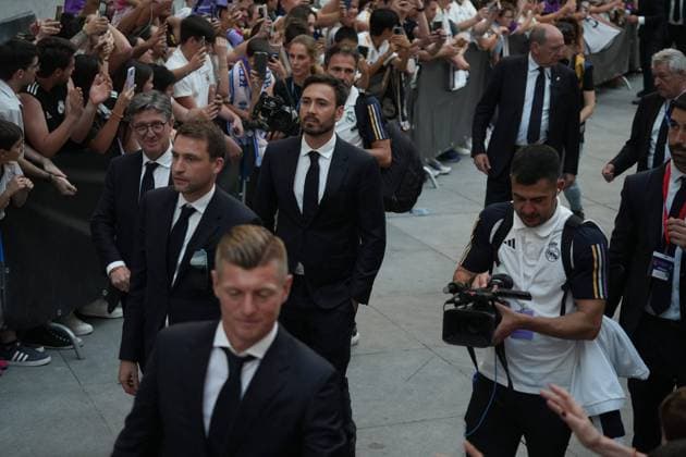 Real Madrid players during the celebration of Real Madrid football club s 15th Cahampion League victory at the Plaza de Cibeles in Madrid. June 2 nd 2024 Cordon Press 