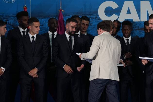 Real Madrid players during the celebration of Real Madrid football club s 15th Cahampion League victory at the Plaza de Cibeles in Madrid. June 2 nd 2024 Cordon Press 