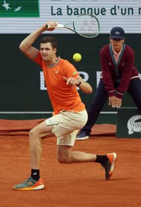 Hubert Hurkacz of Poland plays against Grigor Dimitrov of Bulgaria at the French Tennis Open in Roland Garros in Paris, France, on Sunday, June 2, 2024. Dimitrov won 7-6, 6-4, 7-6.  PAR20240602123 MAYAxVIDON-WHITE
