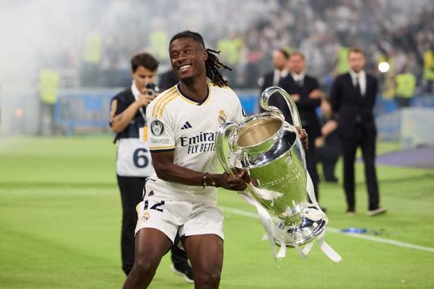 Eduardo Camavinga of Real Madrid CF during celebrations at estadio Santiago Bernabeu after winning the UEFA Champions League Final on June 2, 2022 in Madrid, Spain.(Photo by: LGM Panoramic) FOOTBALL : Real Madrid CF Celebrates Winning The UEFA Champions League Final 2023 24- 02 06 2024 LGM Panoramic 