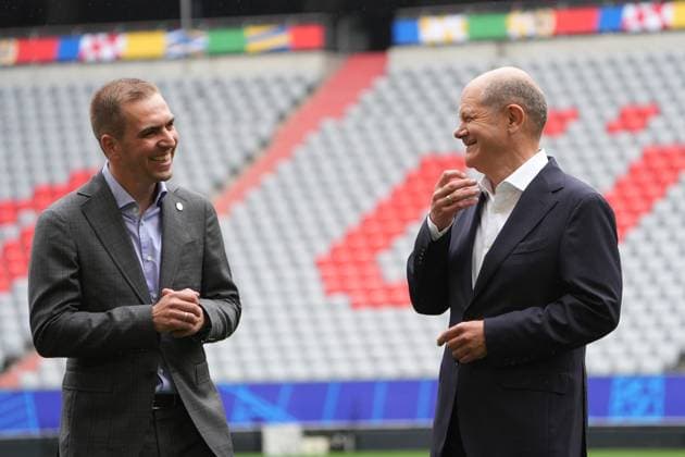 Federal Chancellor Olaf Scholz SPD with EURO 24 Tournament Director Philipp Lahm Munich 03 06 2024 Chancellor Olaf Scholz visits EM Arena Munich