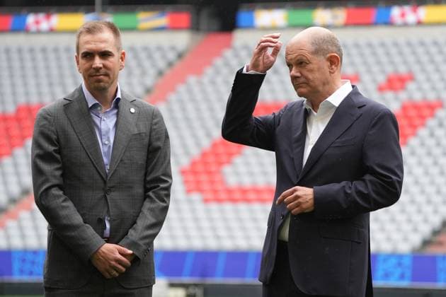 Federal Chancellor Olaf Scholz SPD with EURO 24 Tournament Director Philipp Lahm Munich 03 06 2024 Chancellor Olaf Scholz visits EM Arena Munich