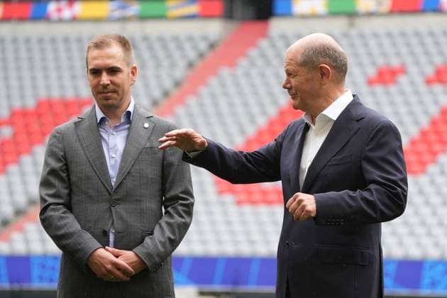 Federal Chancellor Olaf Scholz SPD with EURO 24 Tournament Director Philipp Lahm Munich 03 06 2024 Chancellor Olaf Scholz visits EM Arena Munich