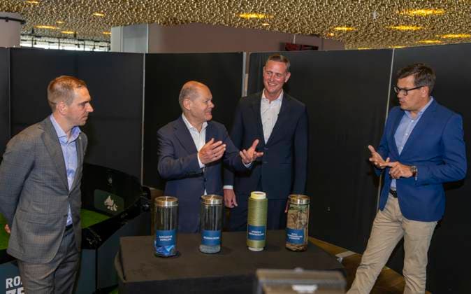 03 06 2024, European Football Championship 2024, visit by Federal Chancellor Olaf Scholz to the European Championship stadium Munich Football Arena from left Philipp Lahm, Federal Chancellor Olaf Scholz, Wolf Tiedemann CEO PreZero International , Jens Thiemer Chairman of the Lidl Foundation , on the subject of raw material recycling and sustainable European Championship 2024