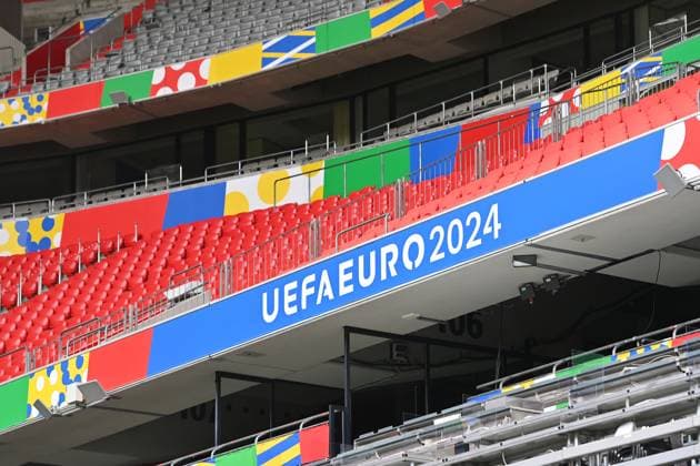 Interior, decoration, grandstand Chancellor Olaf Scholz visits the Munich Football Arena on 03 06 2024, Â