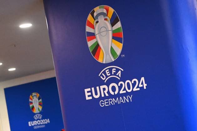 Logo,Emblem of UEFA EURO 2024 Germany Chancellor Olaf Scholz visits the soccer arena in Munich on 03 06 2024, Â