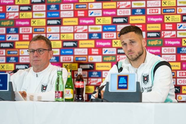 SOCCER - AUT vs SRB, test match VIENNA,AUSTRIA,03.JUN.24 - SOCCER - OEFB International Friendly, Länderspiel, Nationalmannschaft match, Austria vs Serbia, preview, press conference, PK, Pressekonferenz Team AUT. Image shows head coach Ralf Rangnick and Marko Arnautovic (AUT). GEPAxpictures xJohannesxFriedl