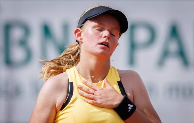 Belgian Jeline Vandromme reacts during a tennis match against Russian Golovina, in the first round of the women junior singles, at the Roland Garros French Open tennis tournament, in Paris, France, Monday 03 June 2024. This year s tournament takes place from 26 May to 09 June. BENOITxDOPPAGNE  x93905243x
