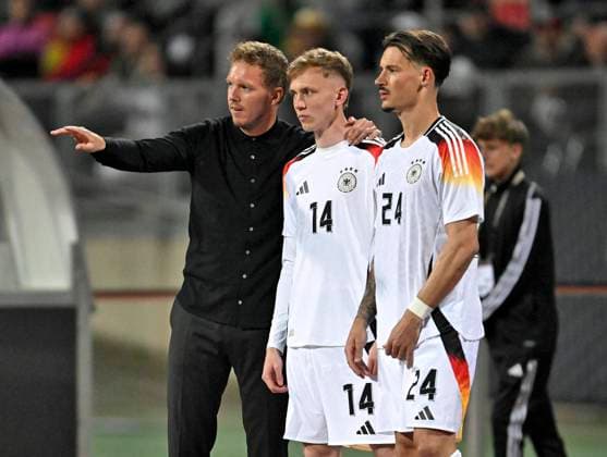 03 06 2024, Football national teams friendlies 2024, international match, Germany Ukraine, at the Max Morlock Stadium Nuremberg from l Coach Julian Nagelsmann Germany , Maximilian Beier Germany and Robin Koch Germany