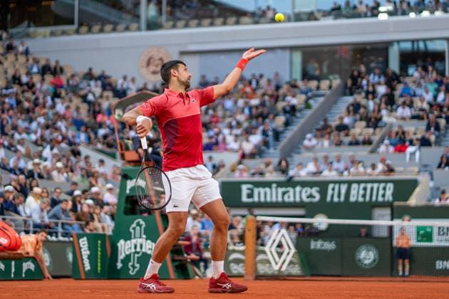 2024-06-03 2024 French Open Day 9 PARIS, FRANCE - JUNE 3: Novak Djokovic of Serbia in action against Francisco Cerundolo of Argentina in the Men s Singles fourth round match during Day 9 of the 2024 French Open at Roland Garros on June 3, 2024 in Paris, France. (Photo by Marleen Fouchier BSR Agency) Paris France Content not available for redistribution in The Netherlands directly or indirectly through any third parties. Copyright: xBSRxAgencyx