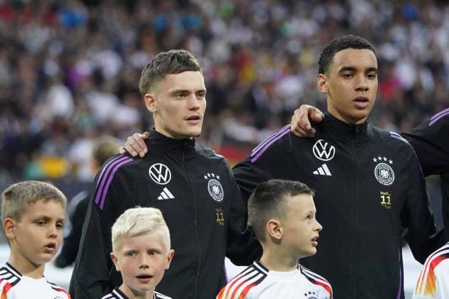 Mens national team, football, friendly match, international match, test match, Germany Ukraine , 03 06 2024, Max Morlock Stadium Nuremberg Florian Wirtz, Jamal Musiala, both sing national anthem Germany,