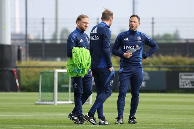 L-R, assistant coach Luke Benstead, assistant coach Andreas Hinkel and Belgium s head coach Domenico Tedesco pictured during a training session of Belgian national soccer team Red Devils, at the Royal Belgian Football Association s training center in Tubize, Tuesday 04 June 2024. Tomorrow the Red Devils are playing a friendly game against Montenegro, in preparation of the upcoming Euro 2024 European Championships in Germany. VIRGINIExLEFOUR  x93930503x