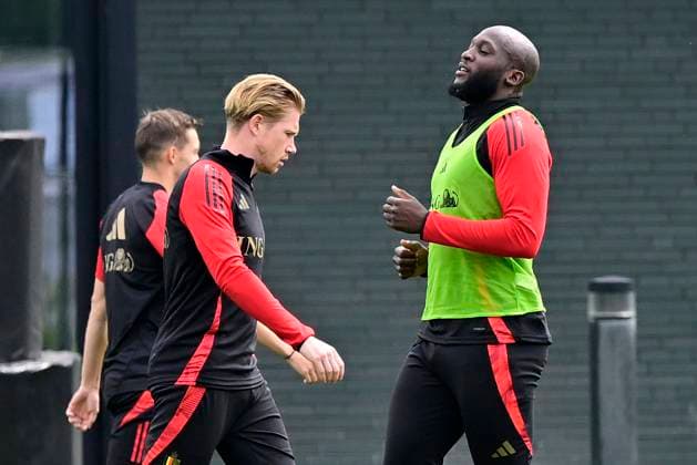 Media Activities of the Belgian National Football team - 20240604 TUBIZE, BELGIUM - JUNE 04 : Lukaku Romelu forward of Belgium and De Bruyne Kevin forward of Belgium pictured during a training session prior to the UEFA EURO, EM, Europameisterschaft,Fussball 2024 European Football Championship at the Belgian National Football center on June 04, 2024 in Tubize, Belgium, 04 06 2024 Tubize Belgium  Copyright: xPeterxDexVoechtx