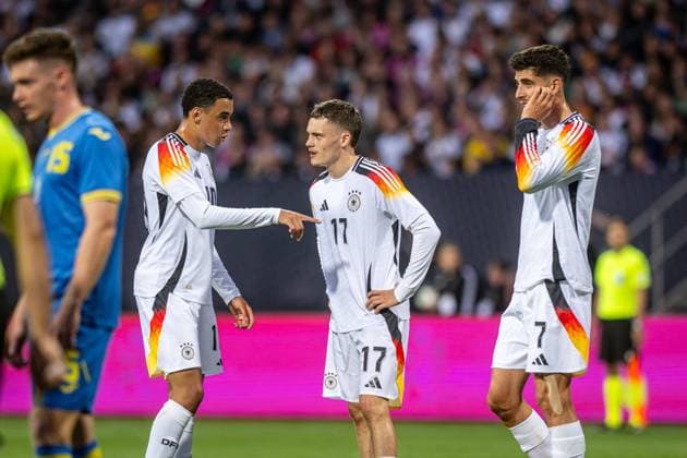 Football Nuremberg 03 06 2024 Friendly match Test match before EURO 2024 Germany GER Ukraine UKR Jamal Musiala Germany, No 10 Florian Wirtz Germany, No 17 Kai Havertz Germany, No 07