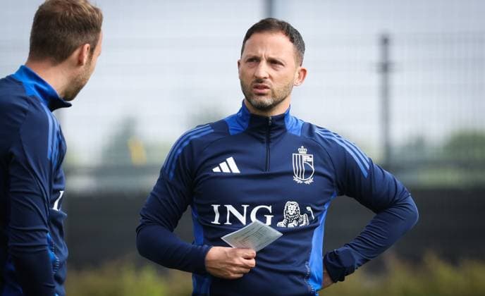 Belgium s head coach Domenico Tedesco gestures during a press conference, PK, Pressekonferenz of Belgian national soccer team Red Devils, at the Royal Belgian Football Association s training center in Tubize, Tuesday 04 June 2024. Tomorrow the Red Devils are playing a friendly game against Montenegro, in preparation of the upcoming Euro 2024 European Championships in Germany. VIRGINIExLEFOUR  x93933490x