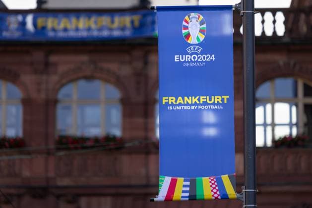 European Football Championship 2024 Frankfurt am Main On the occasion of the European Mens Football Championship 2024 officially UEFA EURO 2024 , which will take place in Germany from June 14 to July 14, 2024, numerous banners with the inscription FRANKFURT IS UNITED BY FOOTBALL are hanging in Frankfurt am Main, one of the venues for the European Championship The Frankfurt Waldstadion is the venue for four group matches and one round of 16 match Frankfurt am Main Hessen Germany 2024-06-04_ffm_fussball_em2024_01