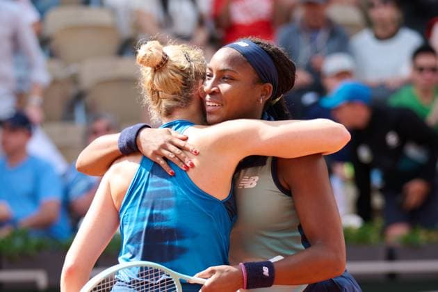 (240604) -- PARIS, June 4, 2024 -- Coco Gauff (R) Katerina Siniakova celebrate victory after the women s doubles 3rd round match between Wang Xinyu (China) Shibahara Ena (Japan) and Coco Gauff (the United States) Katerina Siniakova (Czech Republic) at the French Open tennis tournament at Roland Garros in Paris, France, June 4, 2024. ) (SP)FRANCE-PARIS-TENNIS-FRENCH OPEN-WOMEN S DOUBLES MengxDingbo 