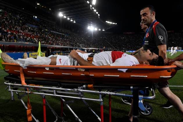 Ozan Kabak of Turkey injured during a friendly football match between Italy and Turkey at Renato Dall Ara stadium in Bologna (Italy), June 4th, 2024. andreaxstaccioli
