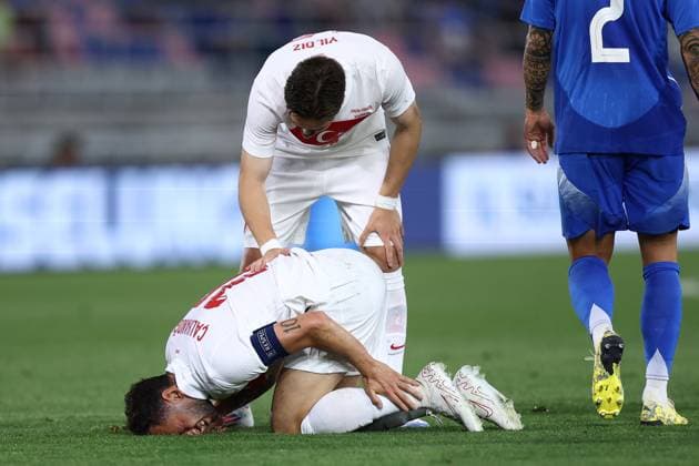 Hakan Calhanoglu (Turkey) lies on the ground, Friendly match, Italy - Turkey, Stadio Renato Dall Ara, June 4, 2024, Bologna, Italy.