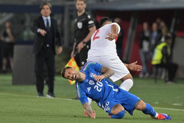 4th June 2024; Stadio Renato Dall Ara, Bologna, Italy; International Football Friendly, Italy versus Turkey; Mattia Zaccagniof italy slide tackles Zeki Celik of Turkey  ActionPlus12650976 AllxShotxLive